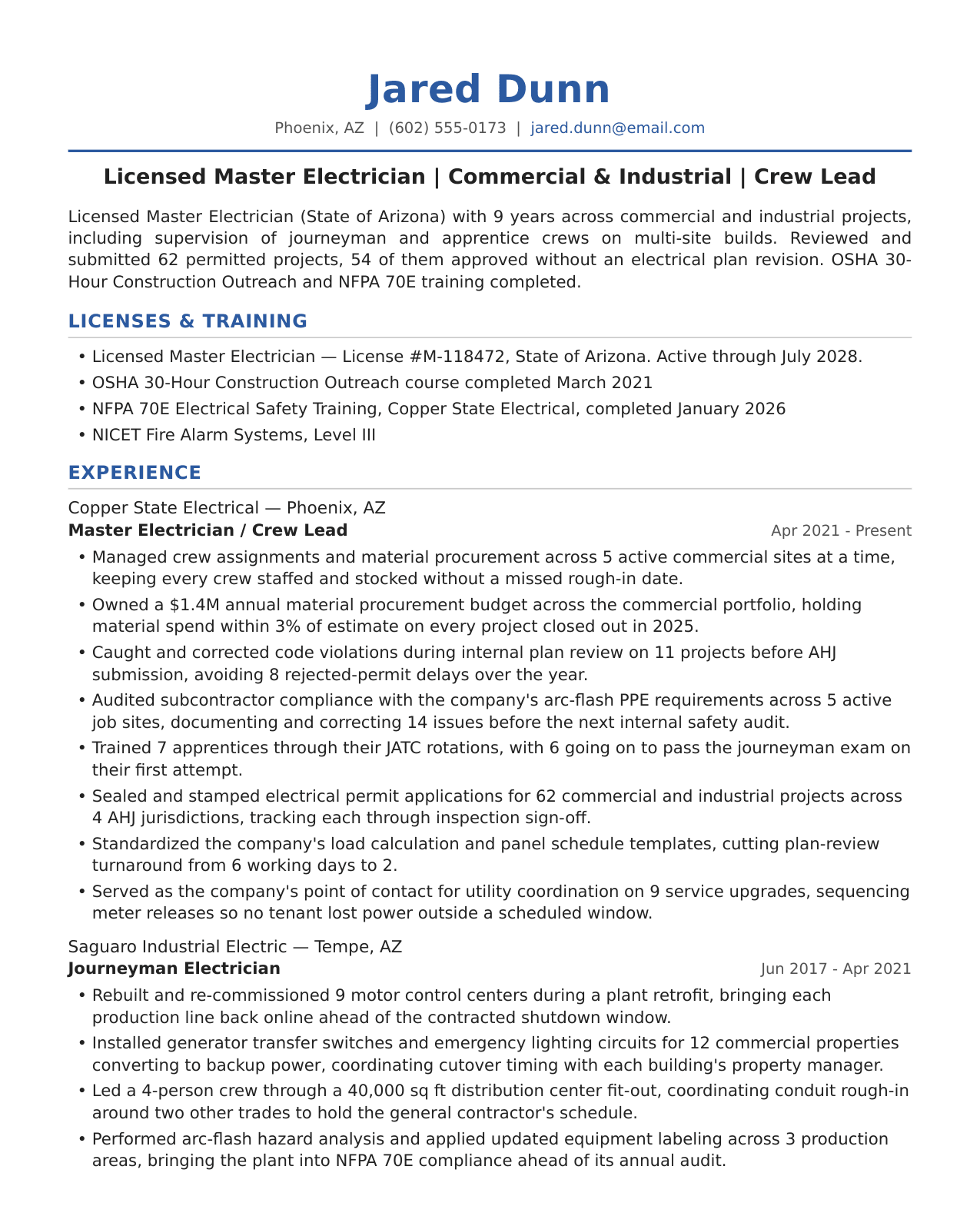 Master Electrician Resume Example