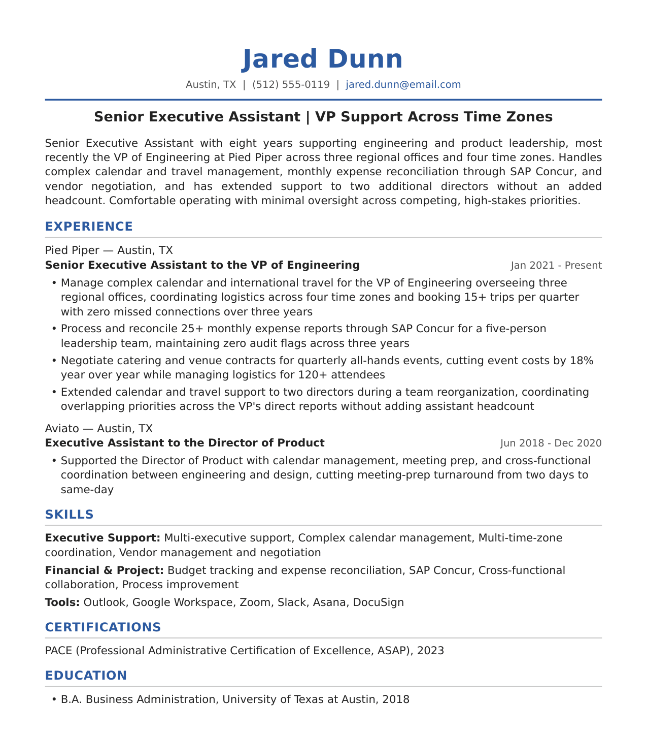 Senior Executive Assistant Resume Example