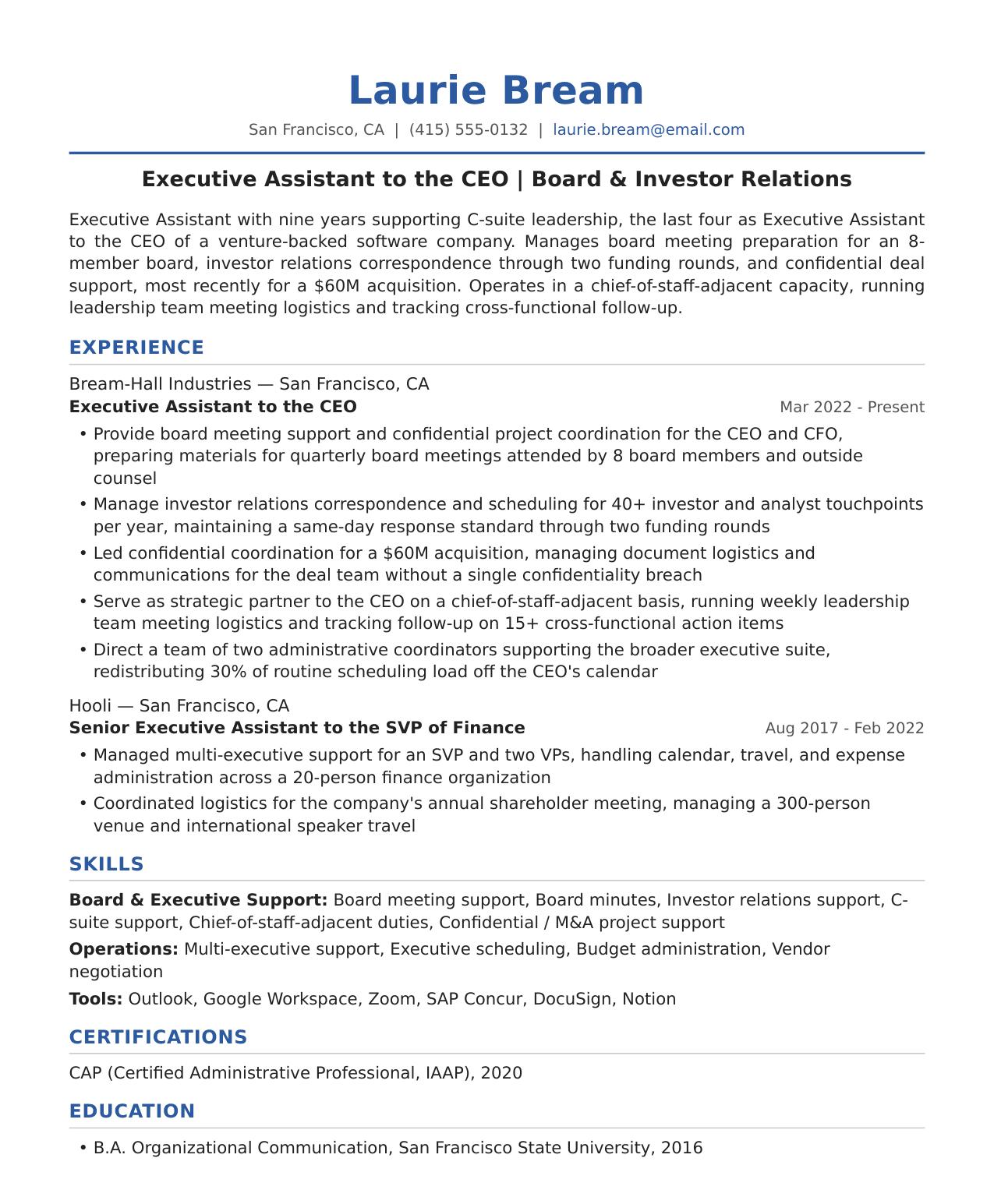Executive Assistant to the CEO Resume Example