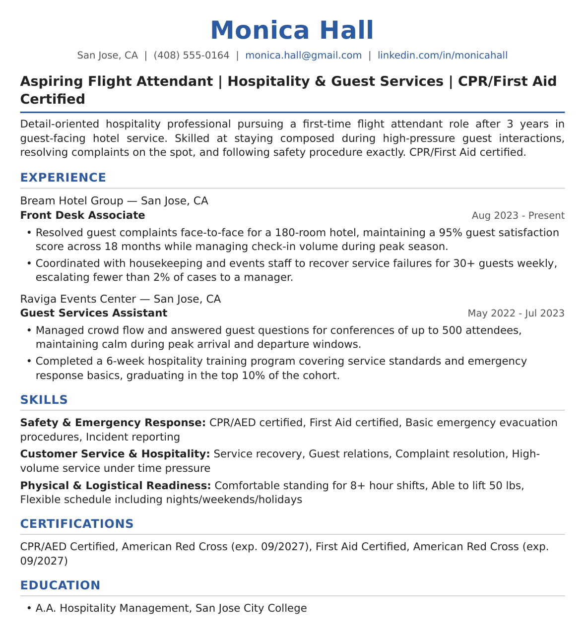 Entry-Level Flight Attendant Resume Example