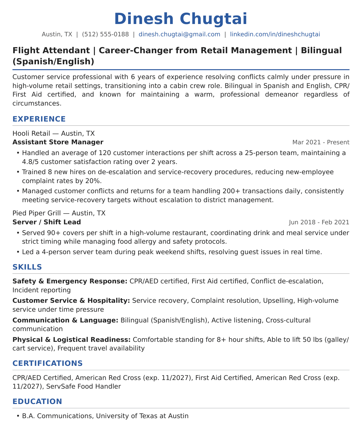 Career-Changer Flight Attendant Resume Example