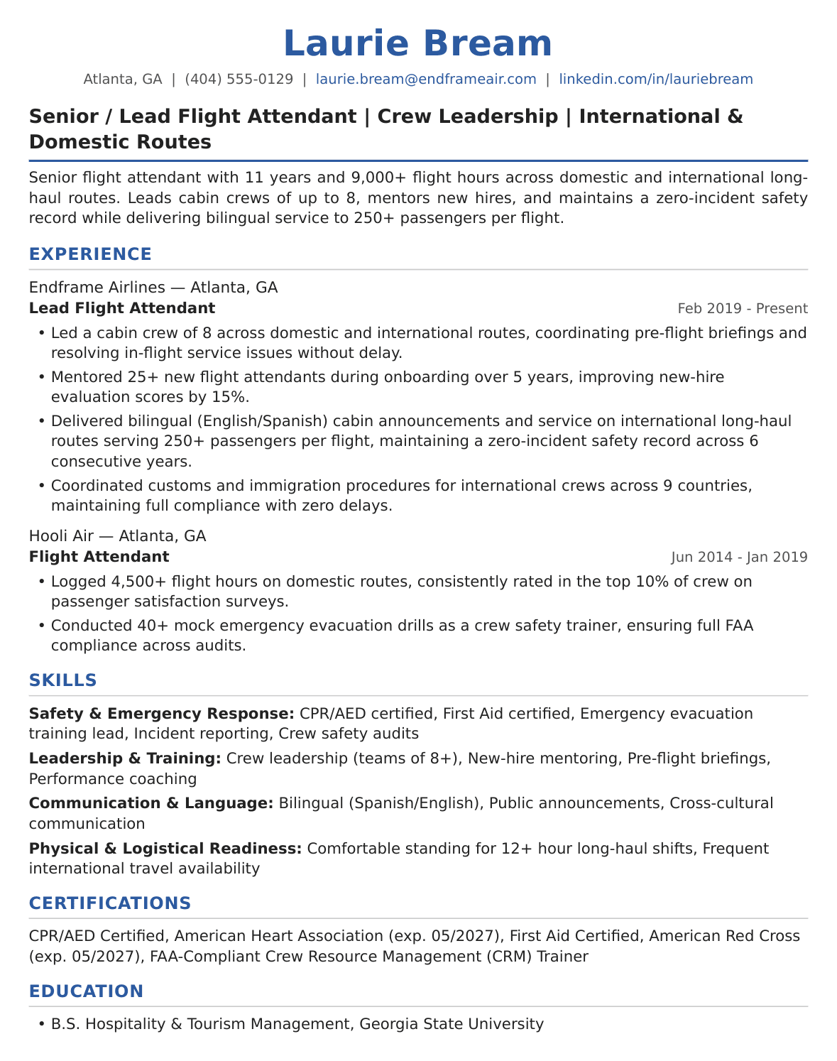 Senior Flight Attendant Resume Example