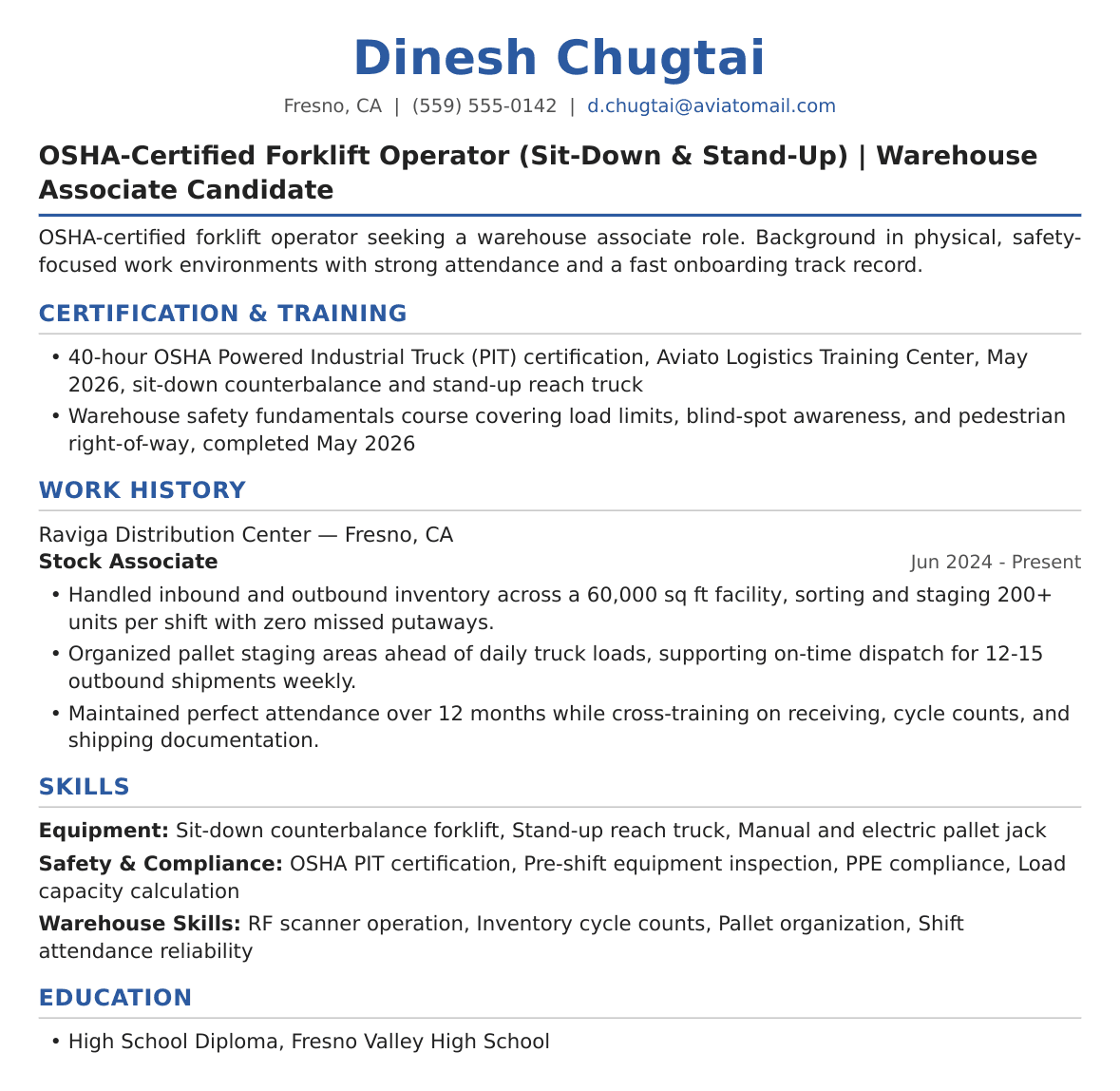 Entry-Level Forklift Operator Resume Example