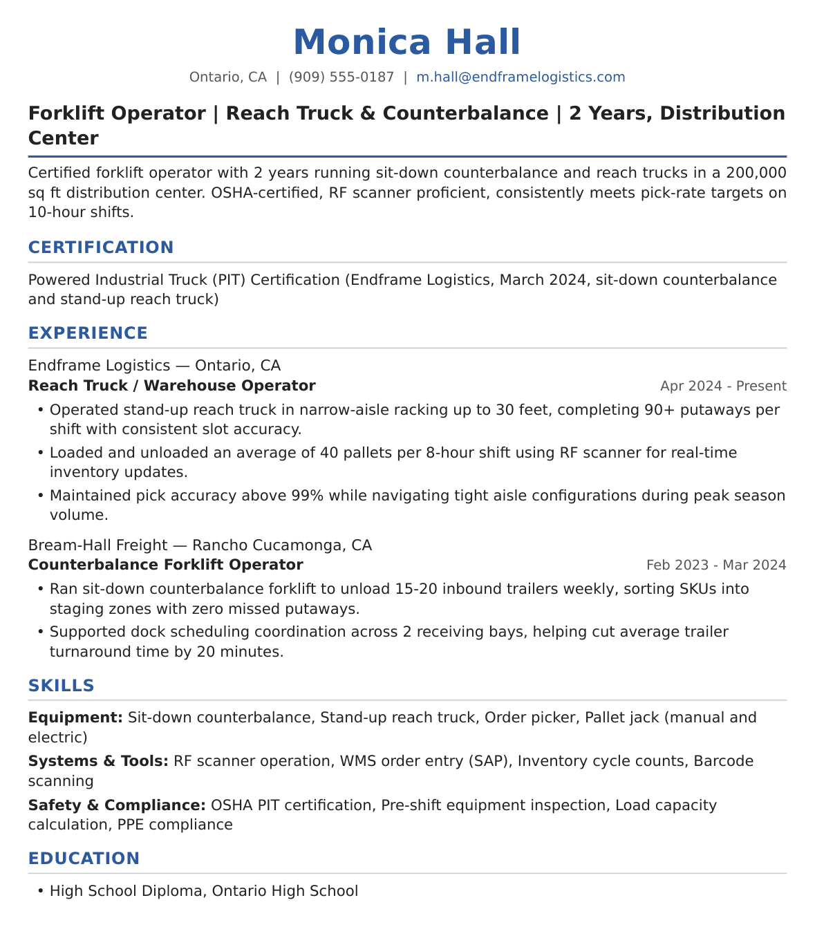 Mid-Level Forklift Operator Resume Example