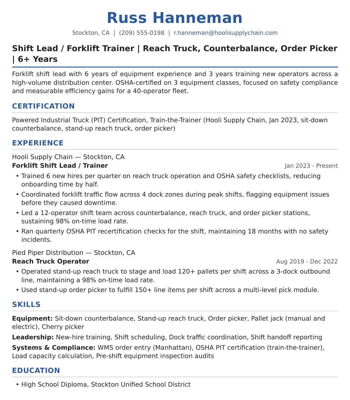 Senior-Level Forklift Operator Resume Example