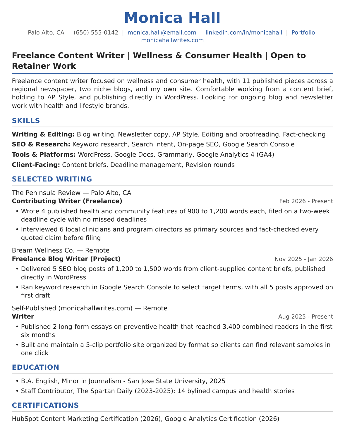 Entry-Level Freelance Writer Resume Example