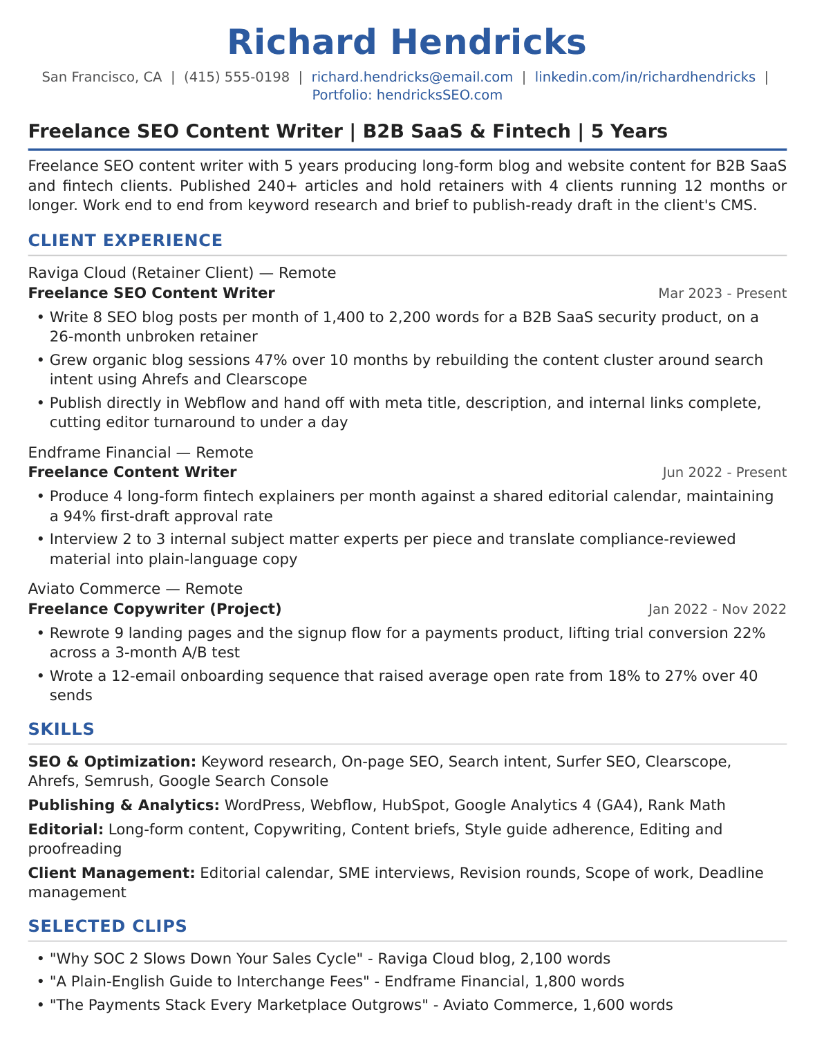 Mid-Level Freelance Writer Resume Example