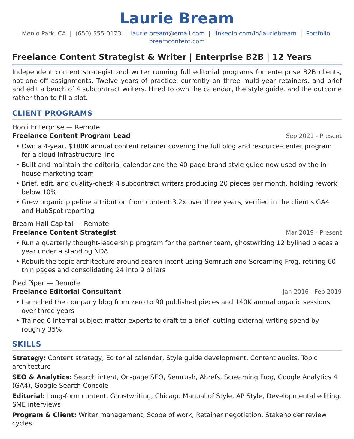 Senior-Level Freelance Writer Resume Example