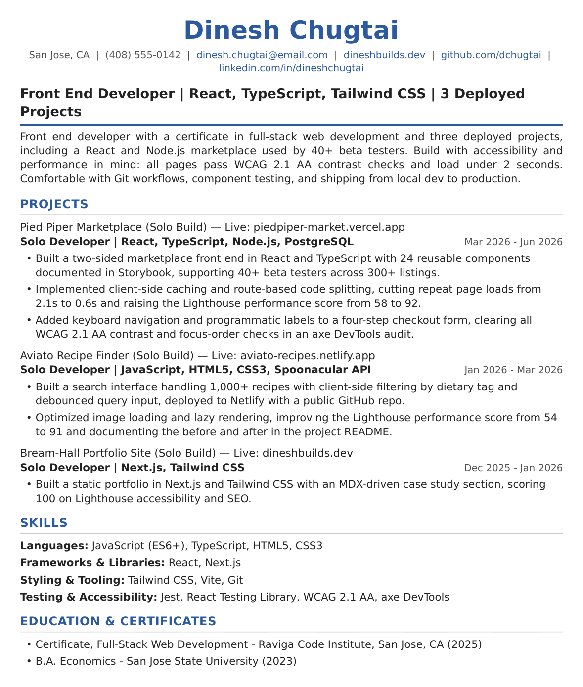 Entry-Level Front End Developer Resume Example