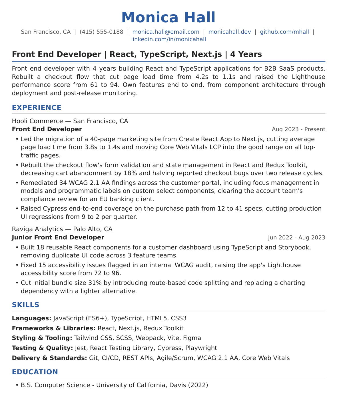 Mid-Level Front End Developer Resume Example