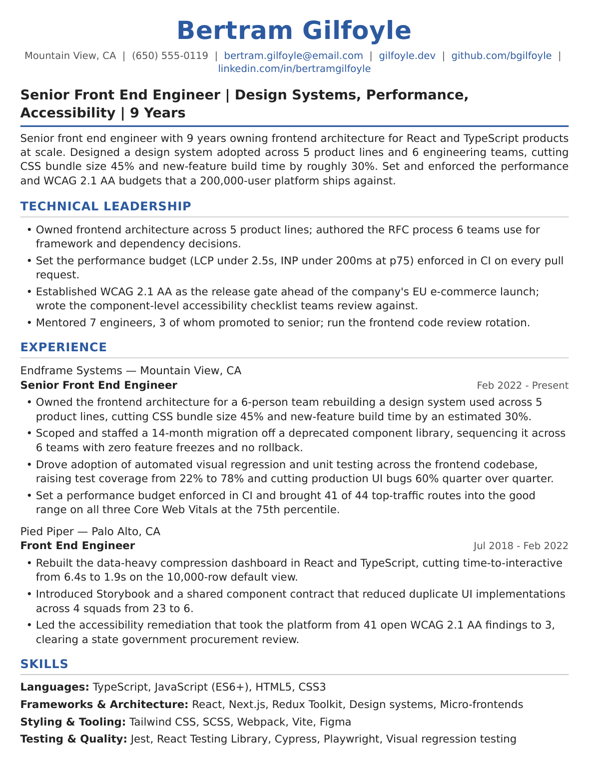 Senior-Level Front End Developer Resume Example