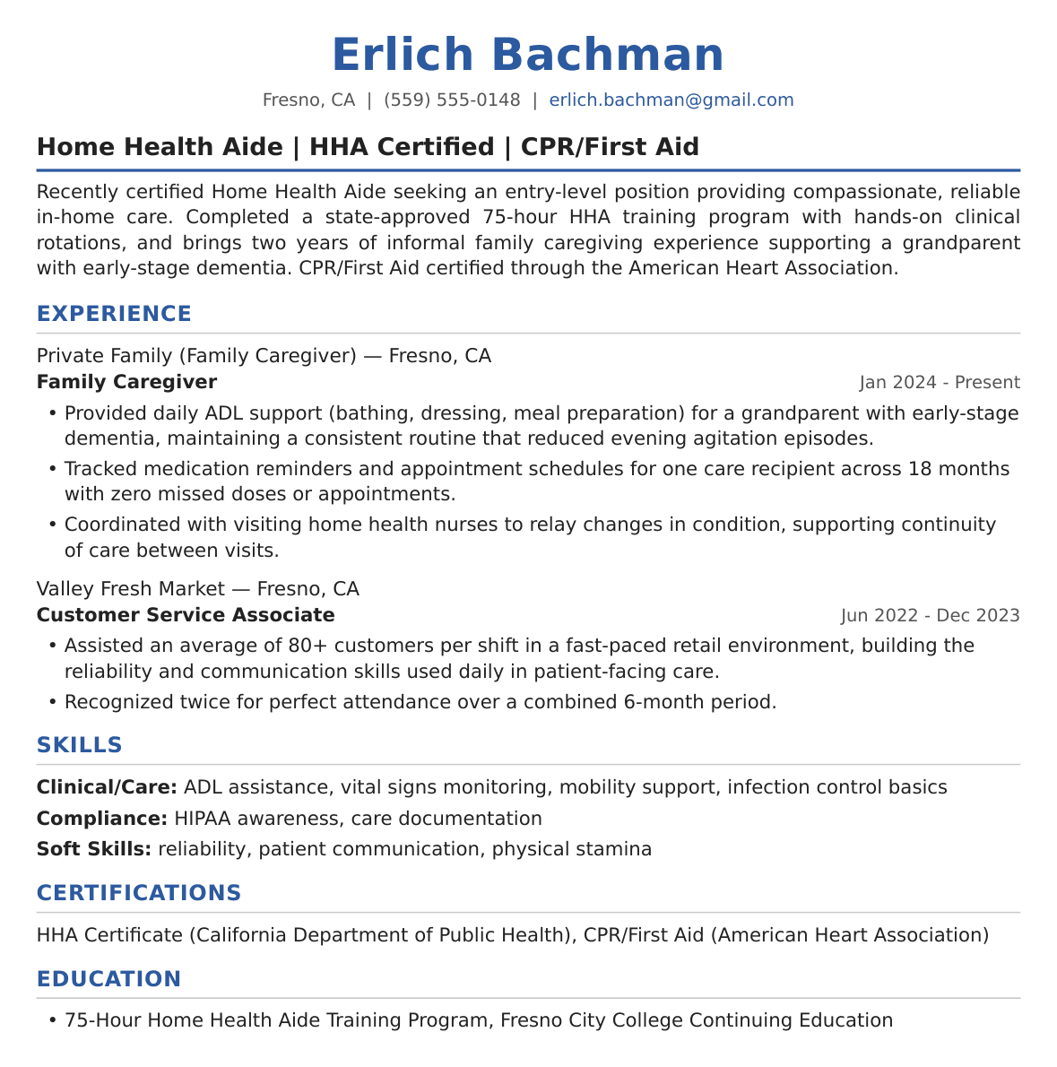 Entry-Level Home Health Aide Resume Example