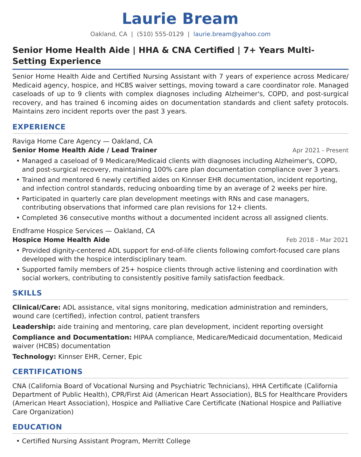 Experienced Home Health Aide Resume Example