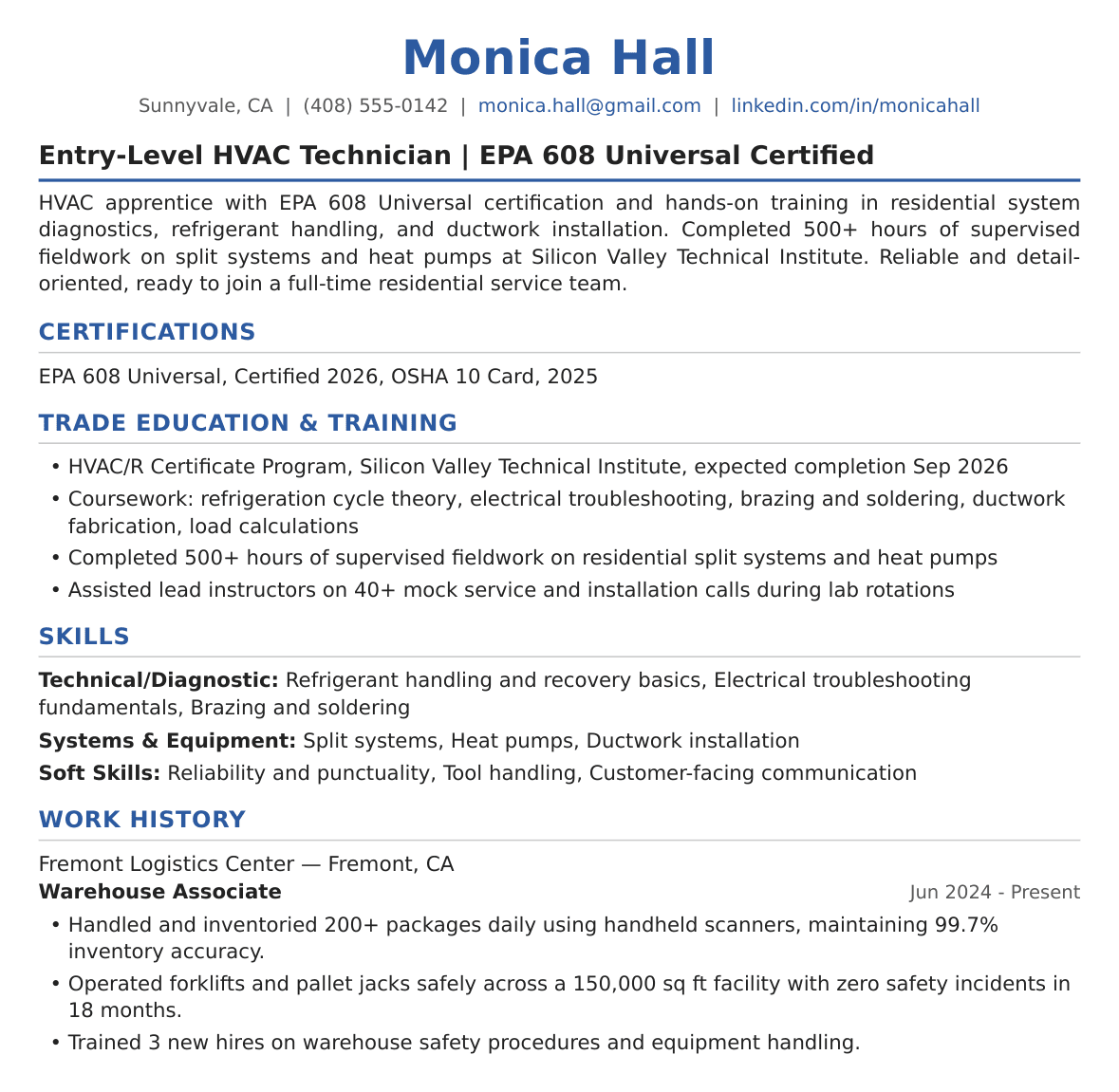Entry-Level HVAC Resume Example
