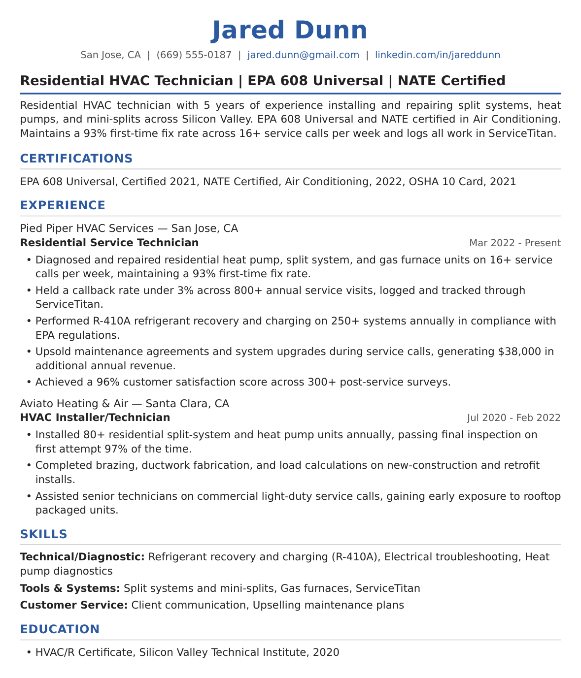 Mid-Level HVAC Resume Example