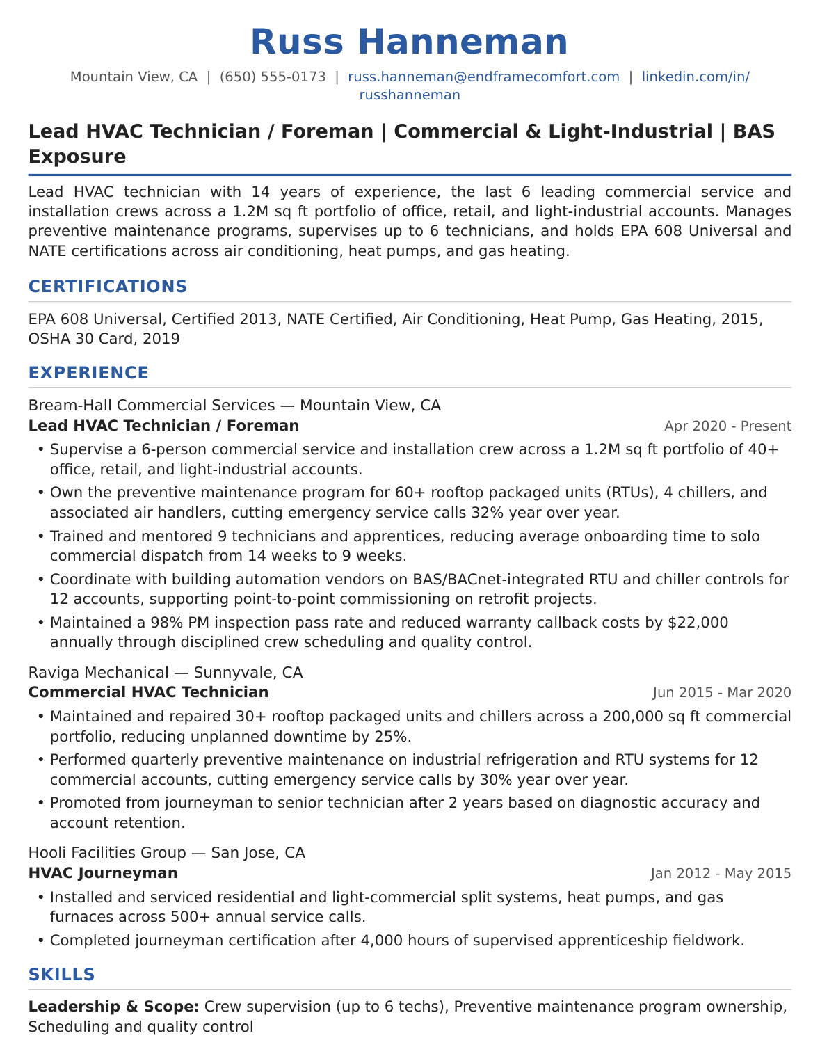 Senior-Level HVAC Resume Example