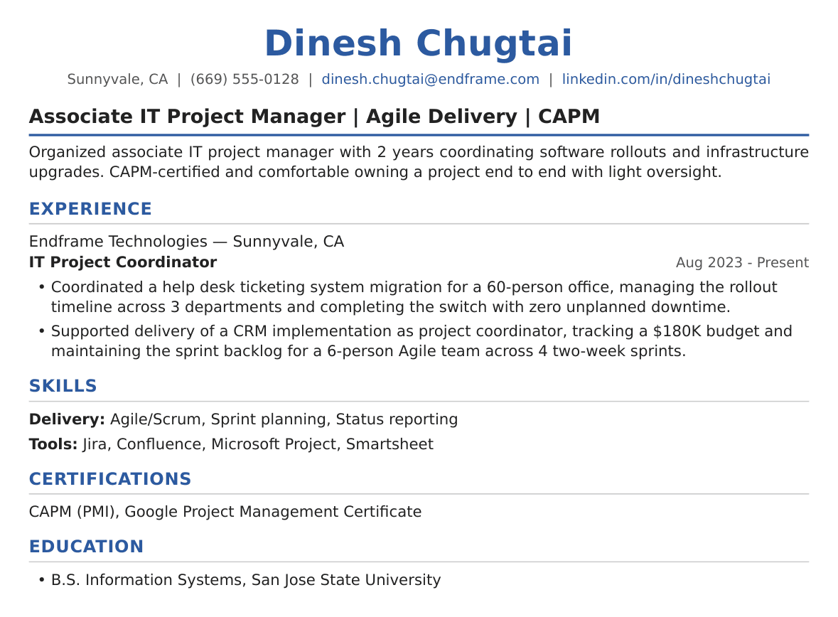 Associate IT Project Manager Resume Example