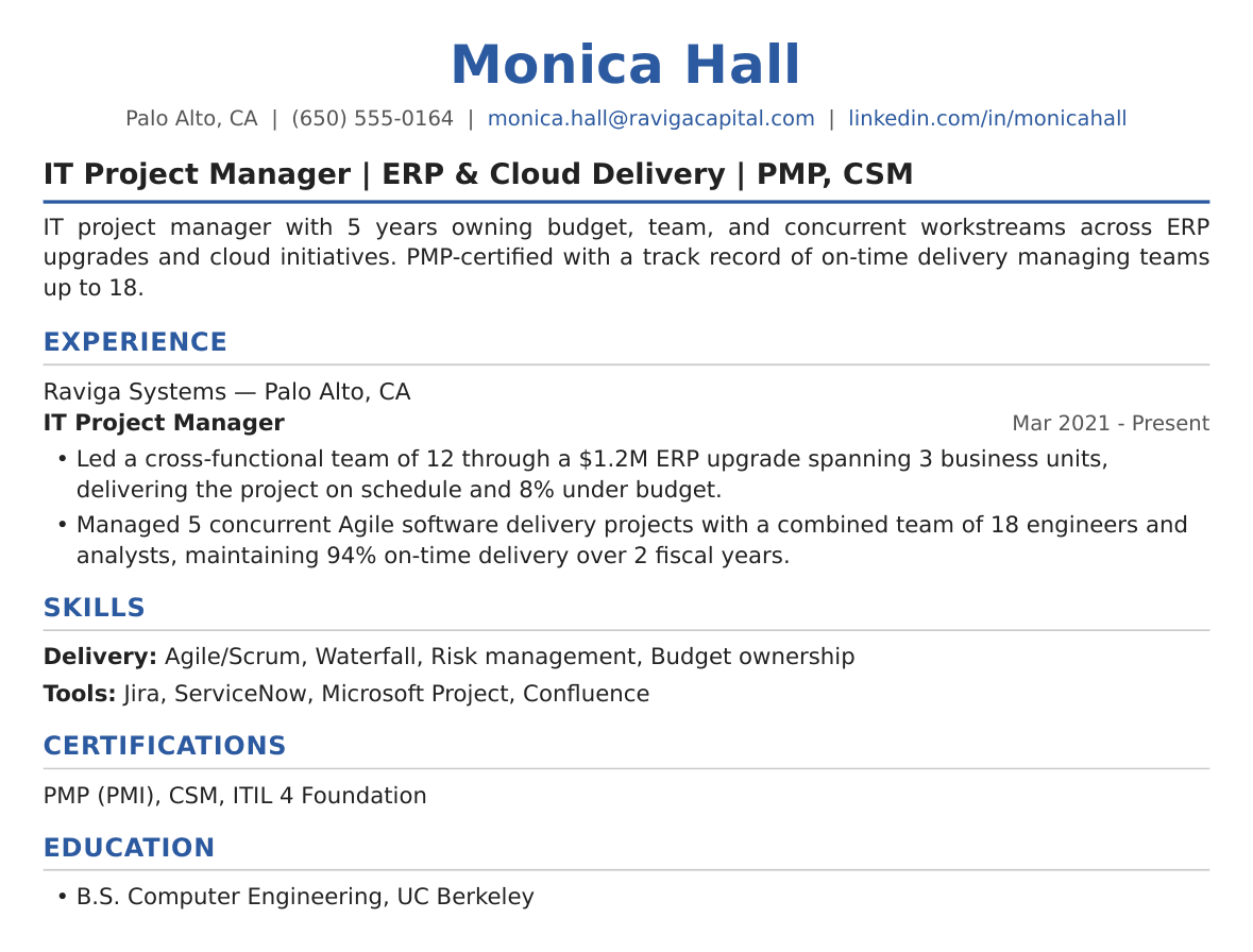 Mid-Level IT Project Manager Resume Example