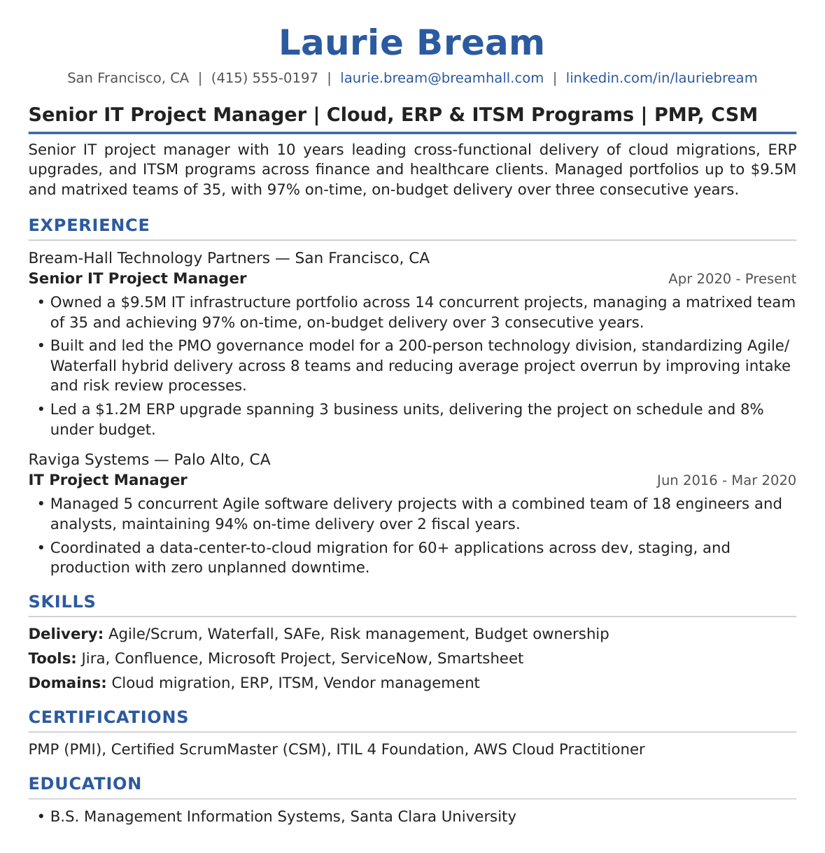 Senior IT Project Manager Resume Example