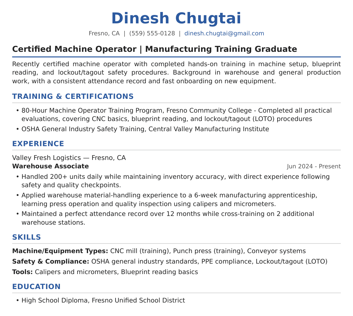 Entry-Level Machine Operator Resume Example