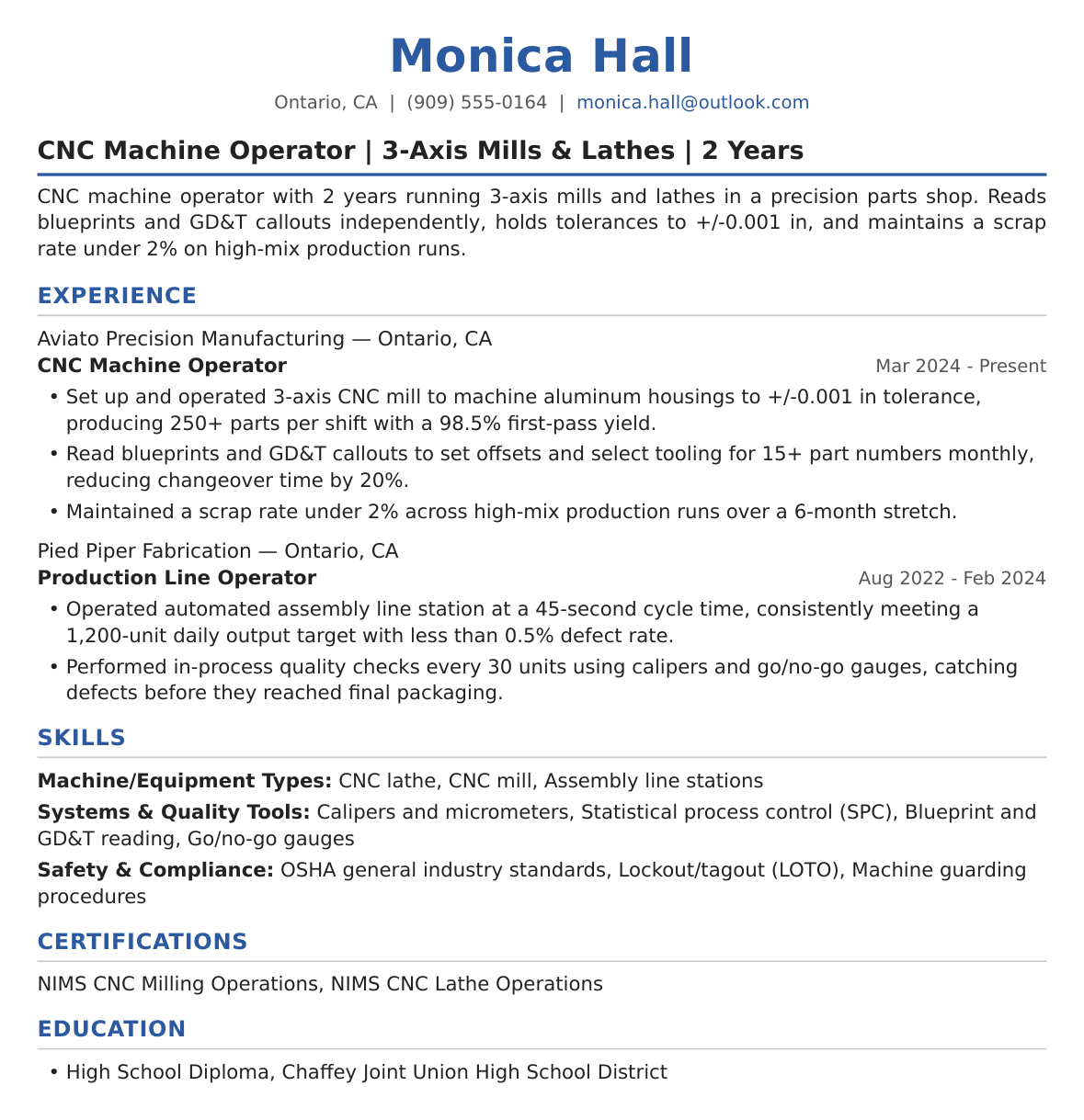 Mid-Level Machine Operator Resume Example