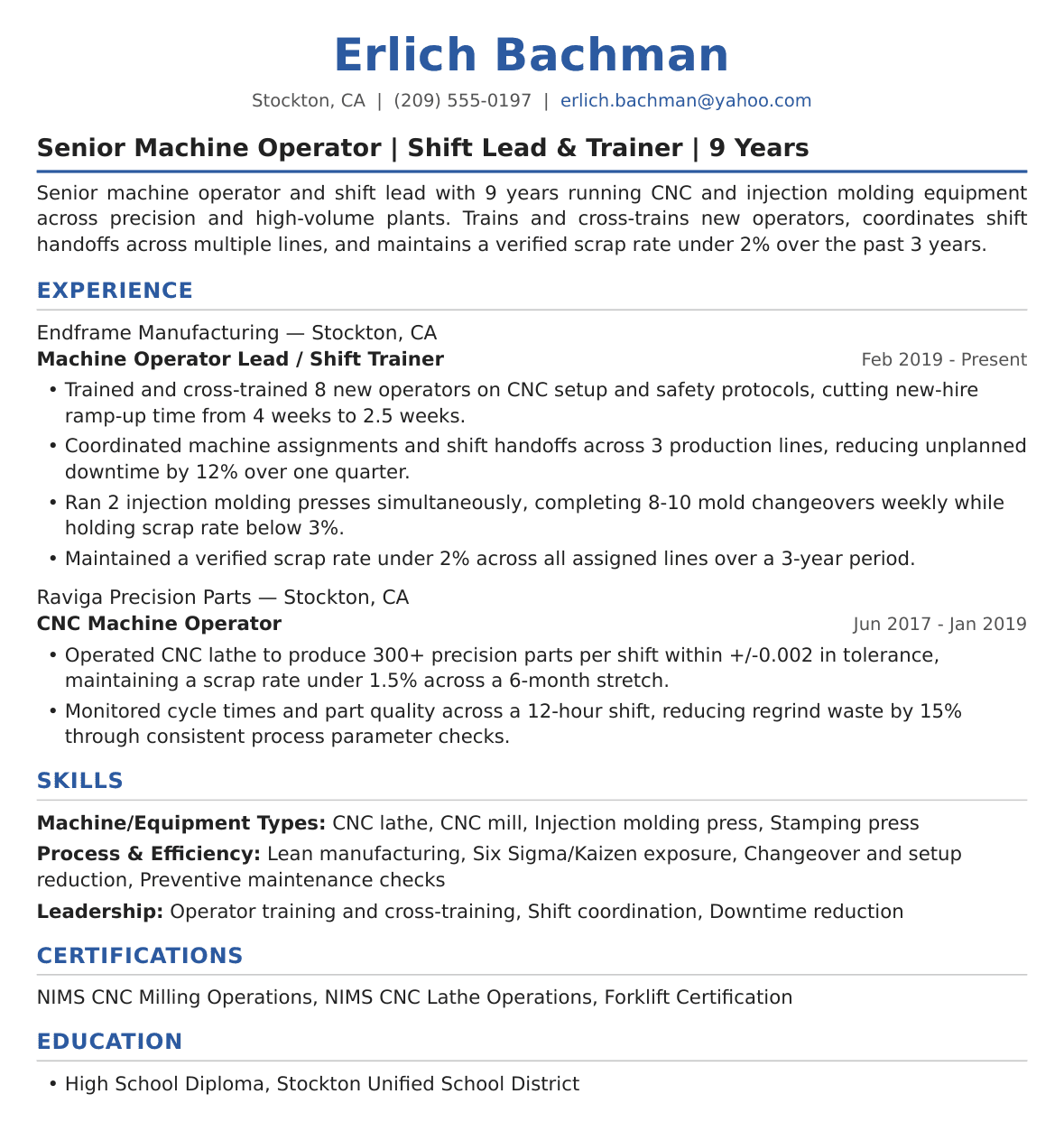 Senior-Level Machine Operator Resume Example