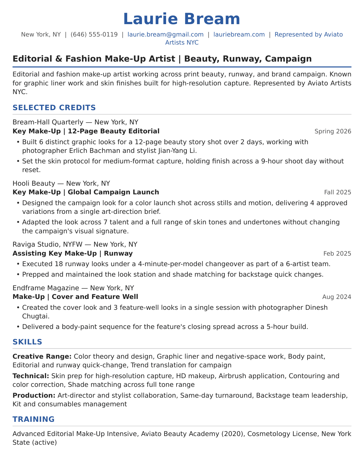 Editorial and Fashion Makeup Artist Resume Example