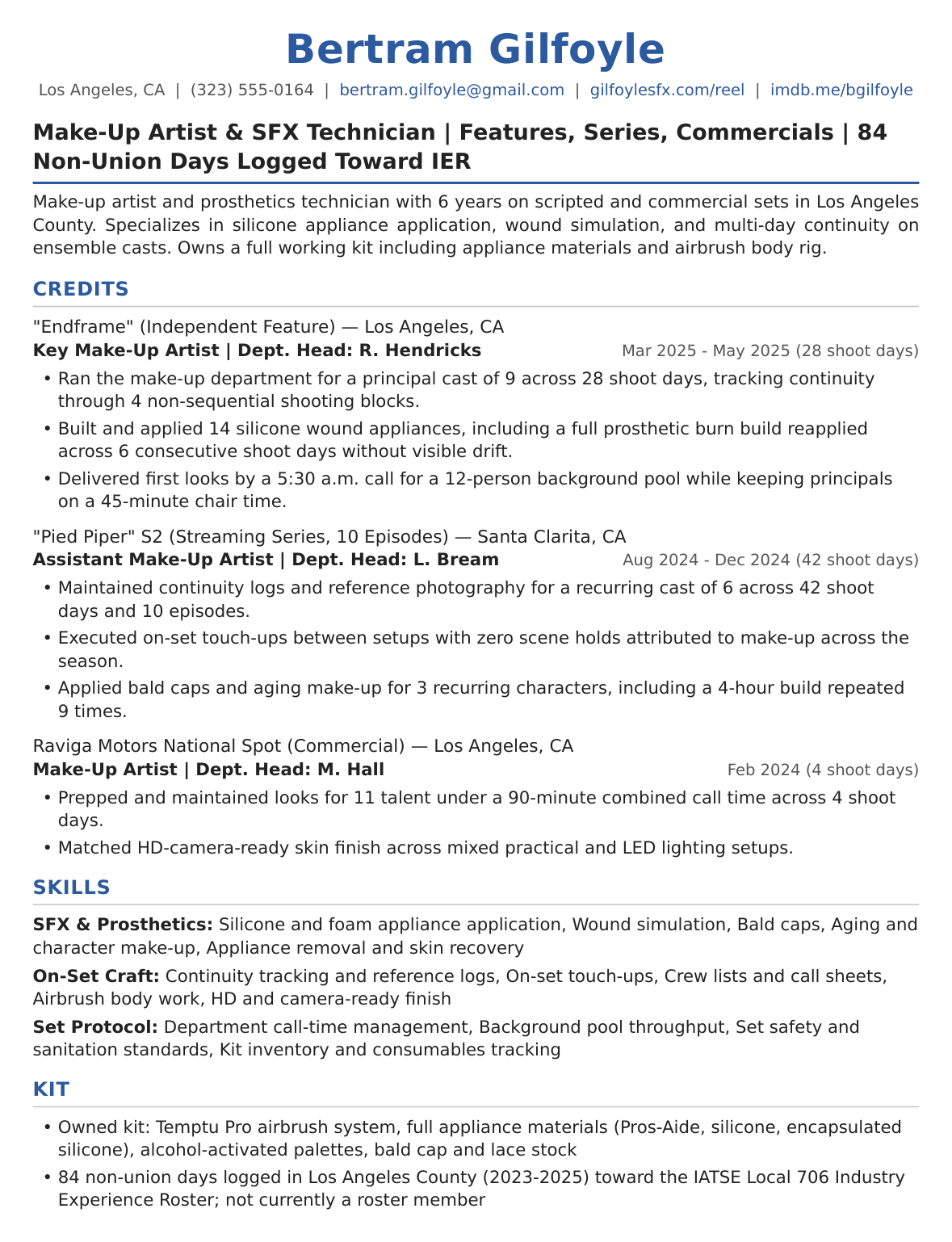 Film, TV and SFX Makeup Artist Resume Example