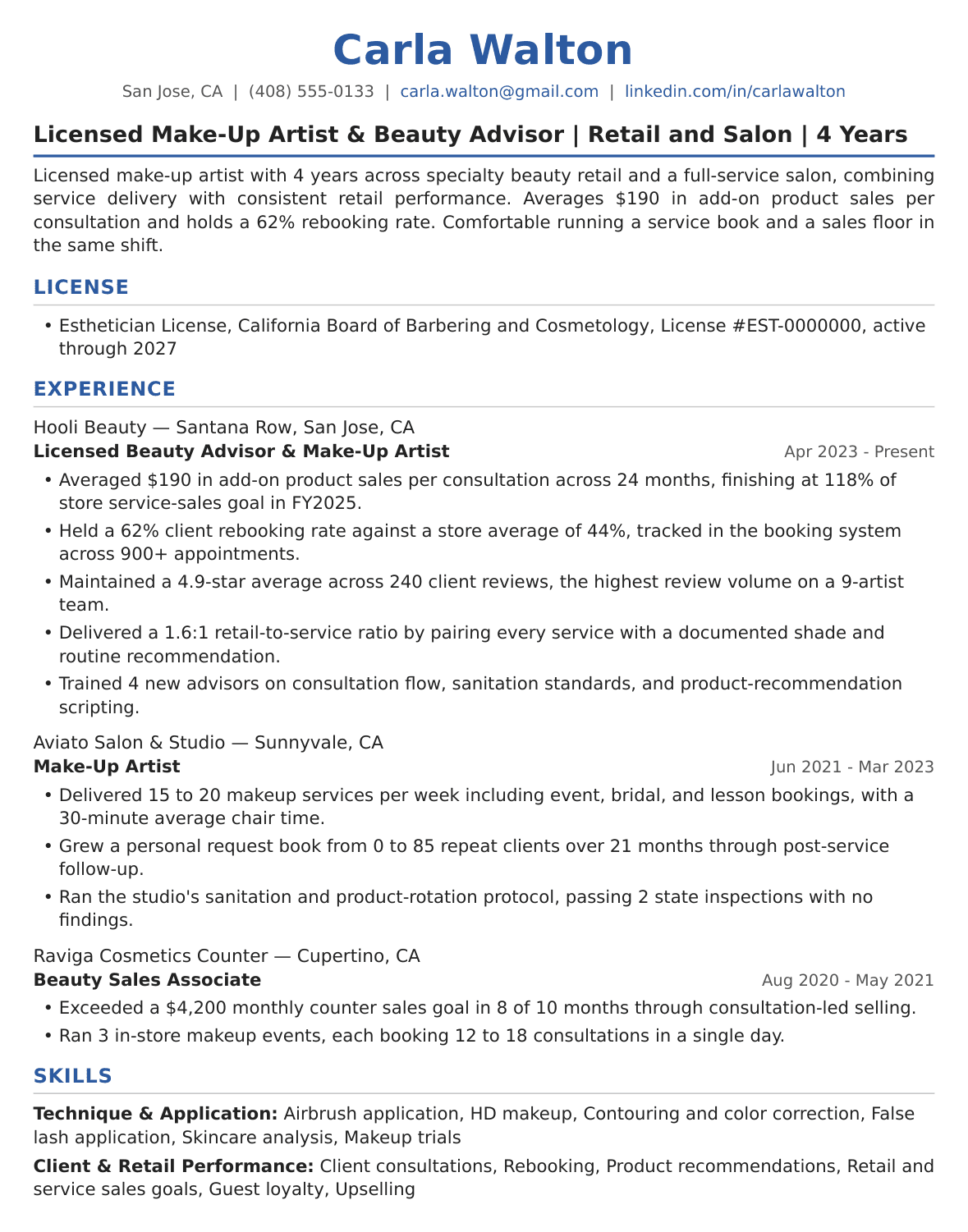 Retail and Salon Makeup Artist Resume Example