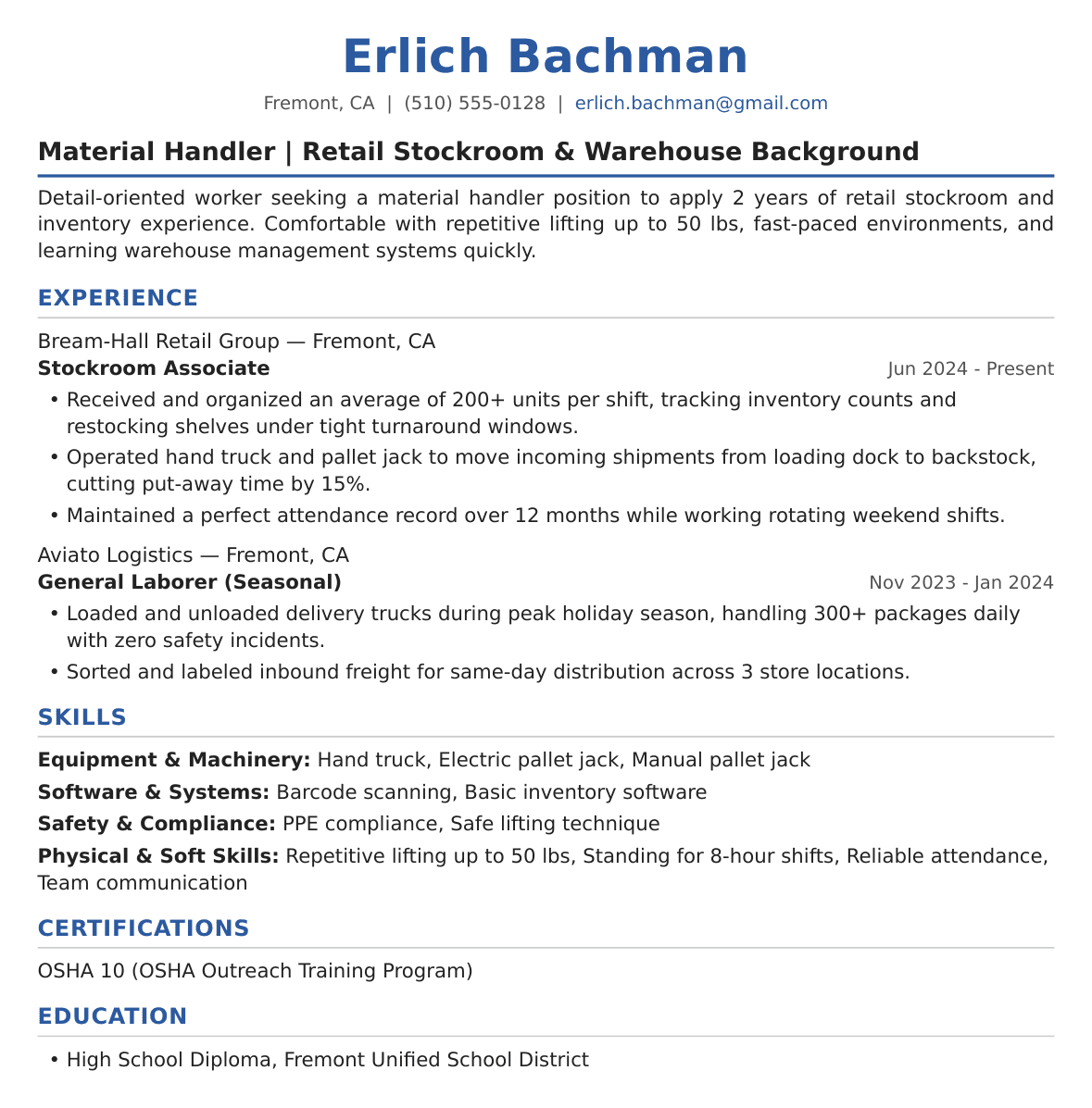 Entry-Level Material Handler Resume Example