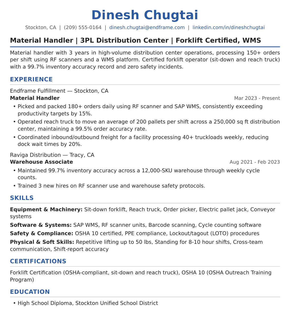Mid-Level Material Handler Resume Example