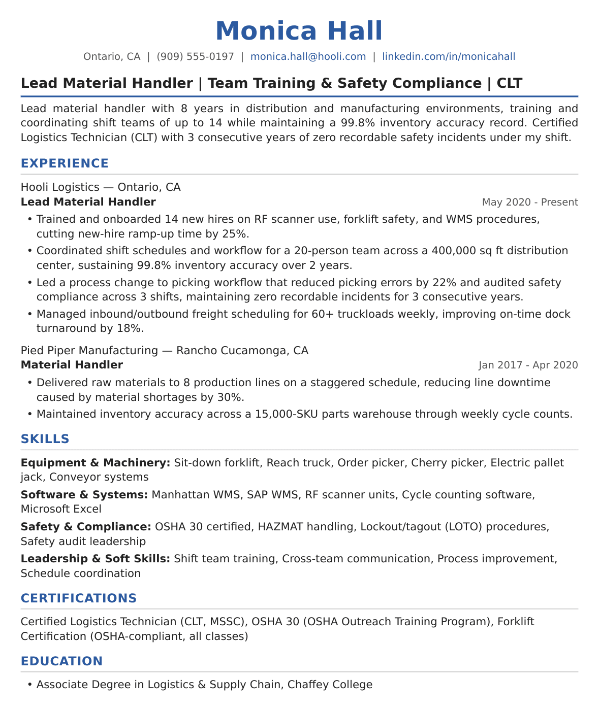 Senior Level Material Handler Resume Example