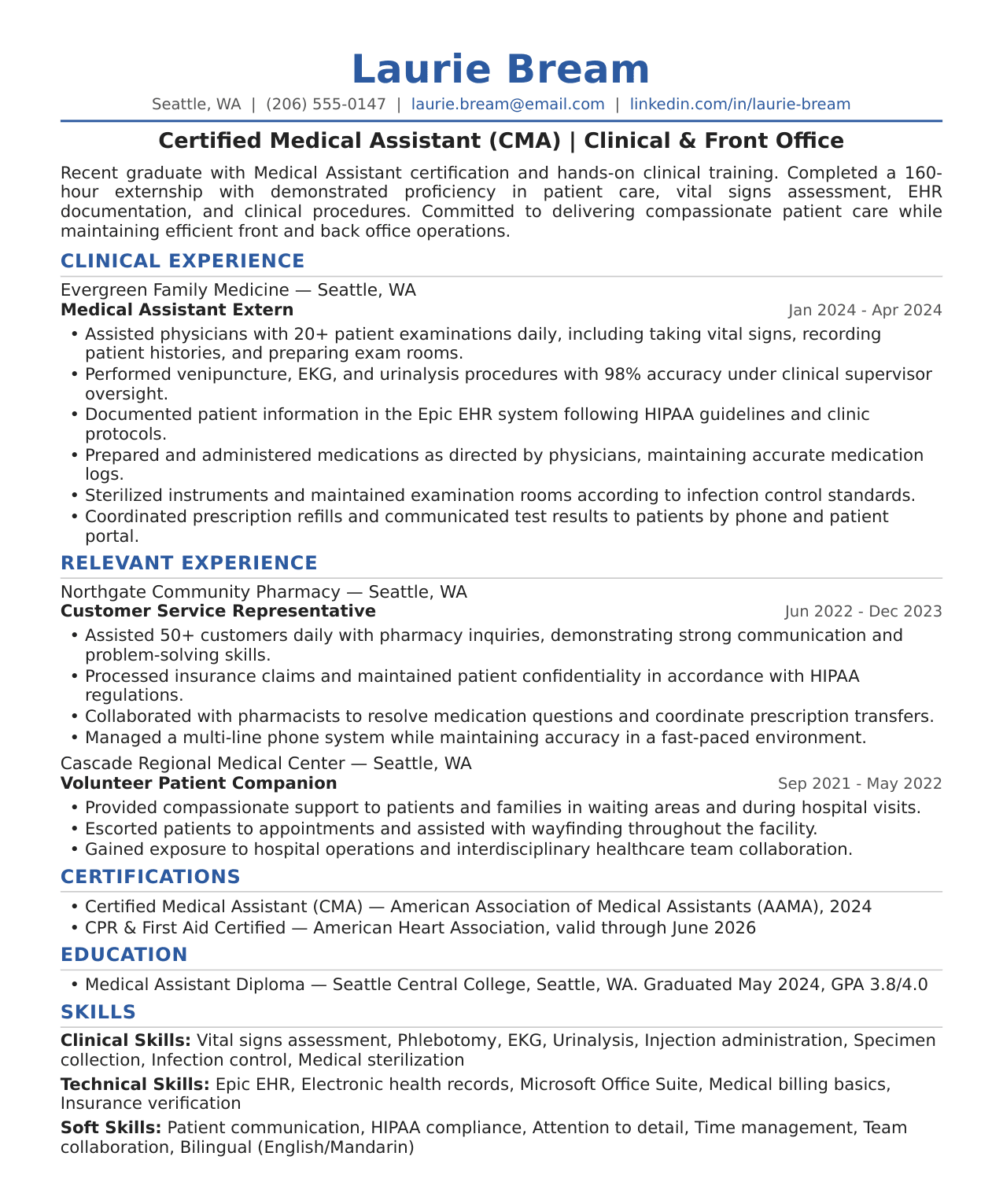 Entry-Level Medical Assistant Resume Example
