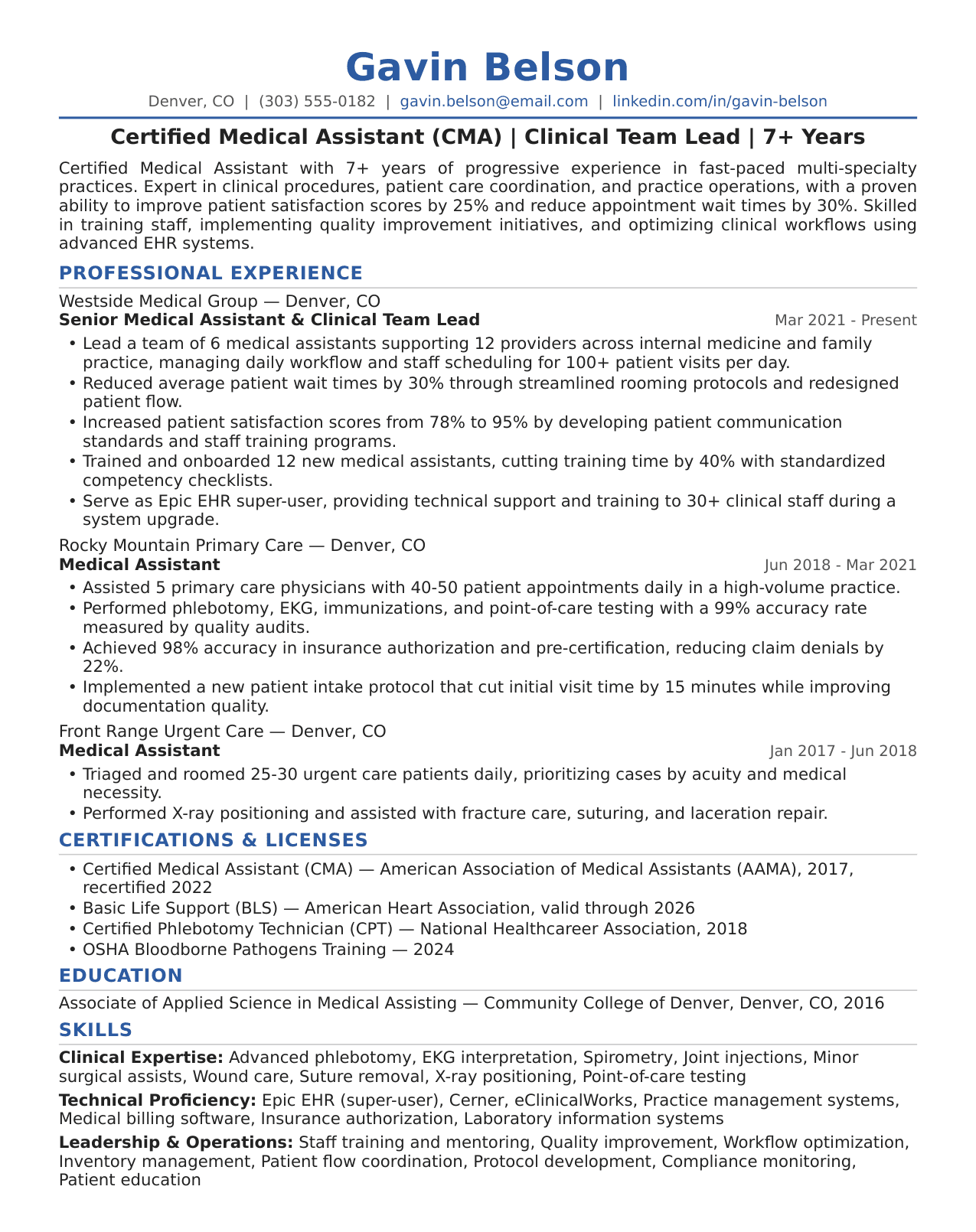 Experienced Medical Assistant Resume Example