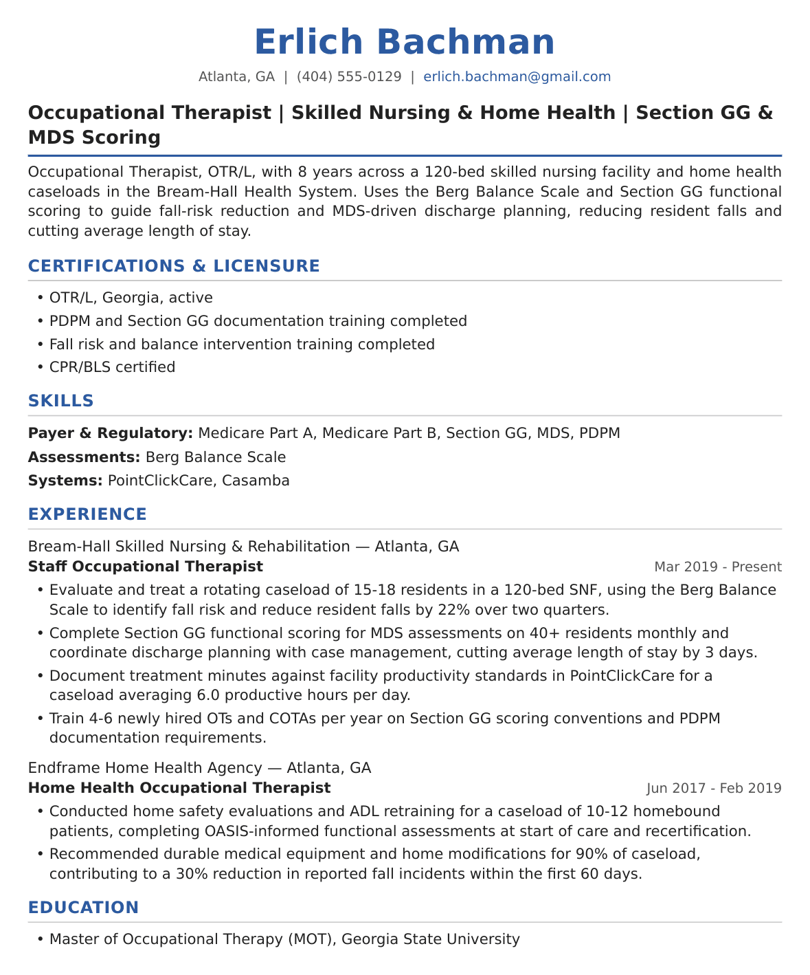 Geriatric Occupational Therapist Resume Example