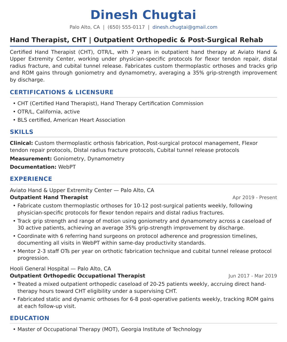Hand Therapy Occupational Therapist Resume Example
