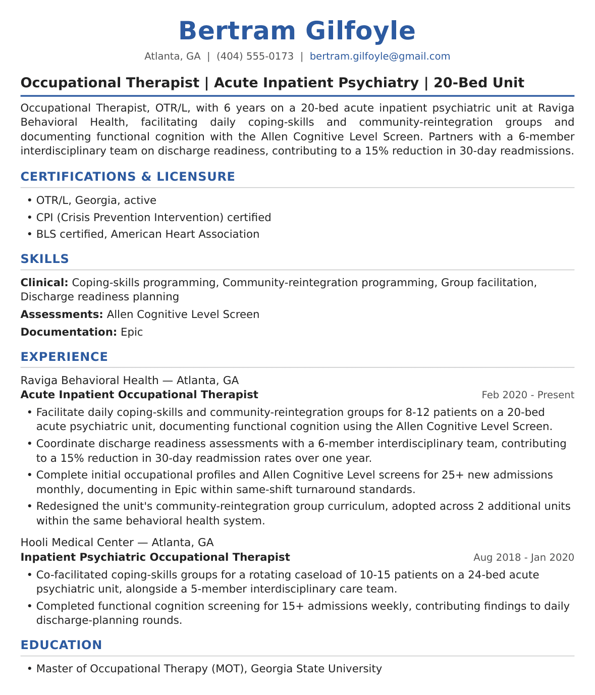 Mental Health Occupational Therapist Resume Example