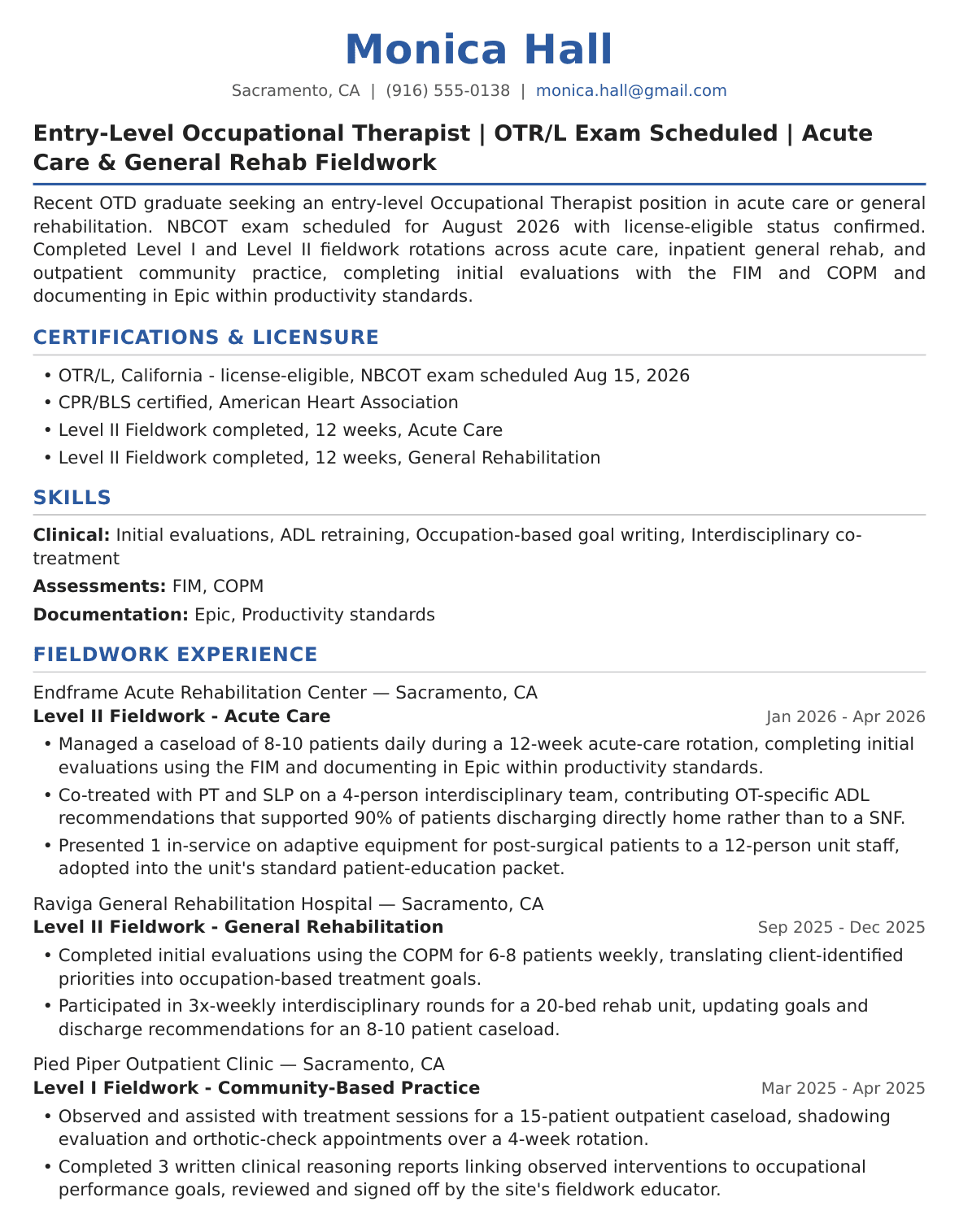 New Grad Occupational Therapist Resume Example