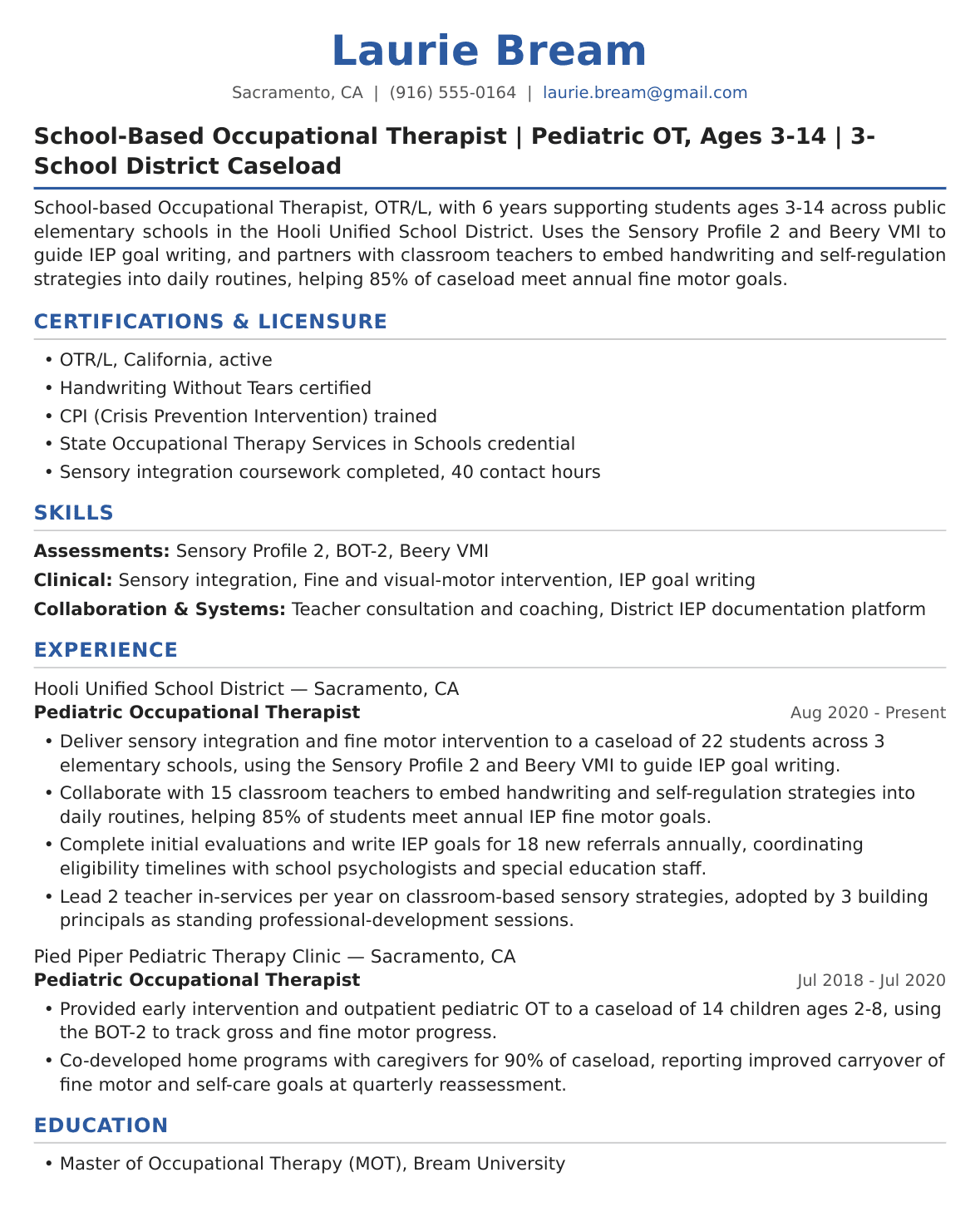 Pediatric Occupational Therapist Resume Example