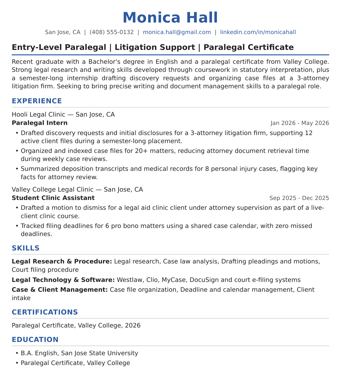 Entry-Level Paralegal Resume Example