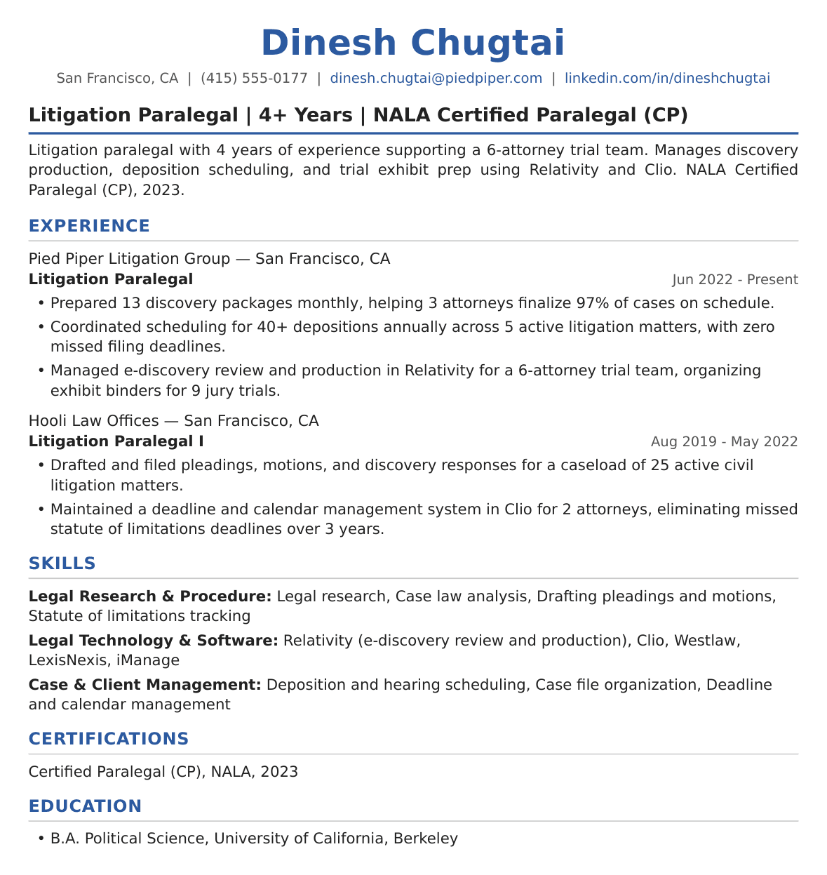 Mid-Level Litigation Paralegal Resume Example