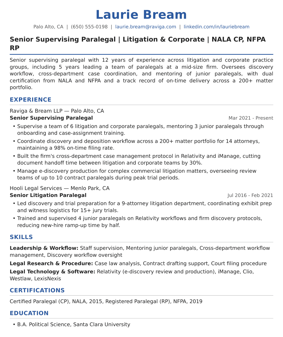 Senior Supervising Paralegal Resume Example