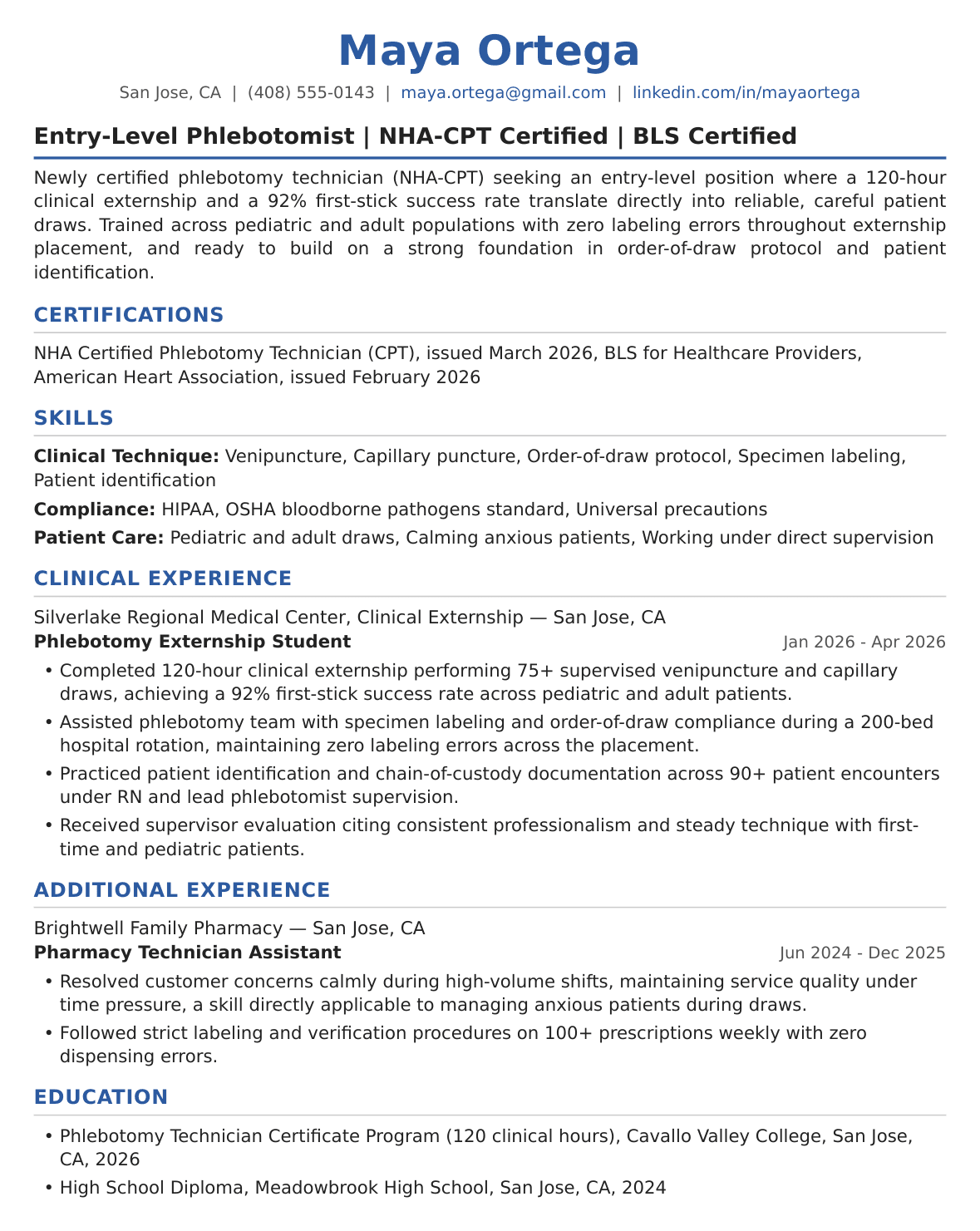 Entry-Level Phlebotomist Resume Example