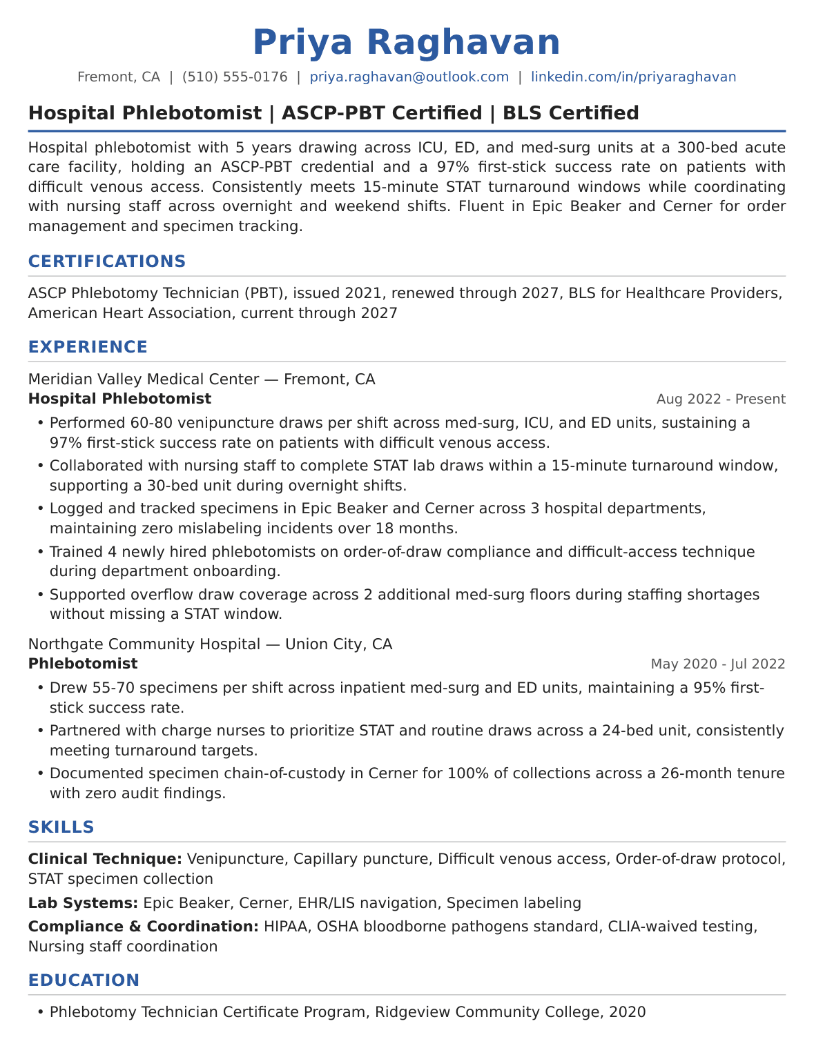 Hospital Phlebotomist Resume Example