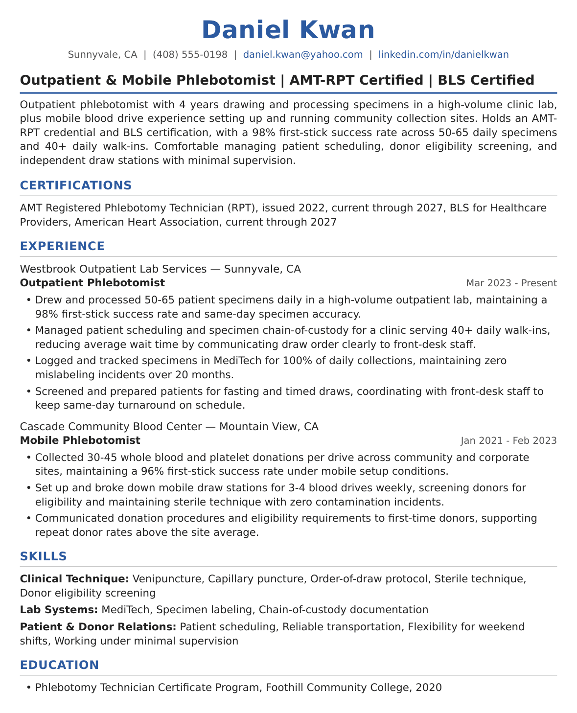 Outpatient and Mobile Phlebotomist Resume Example