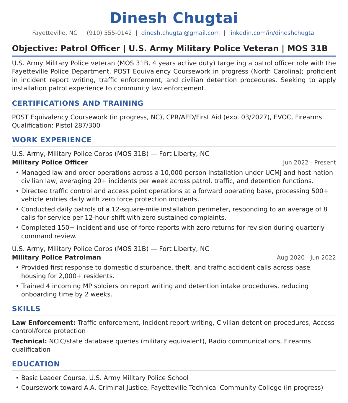Entry-Level Police Officer Resume Example