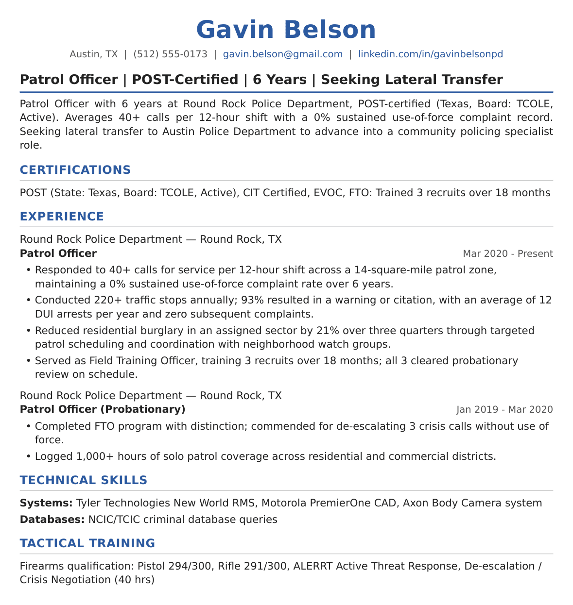 Lateral Transfer Police Officer Resume Example