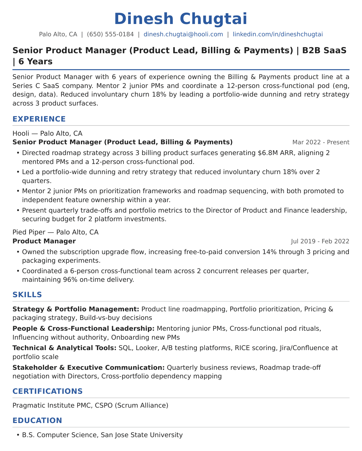 First-Time Product Lead Resume Example
