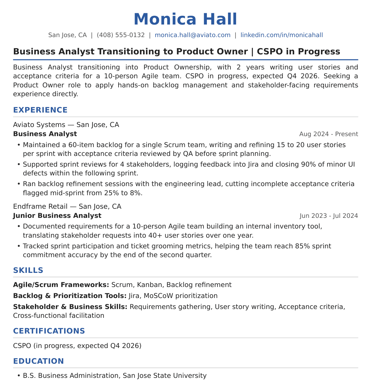 Entry-Level Product Owner Resume Example
