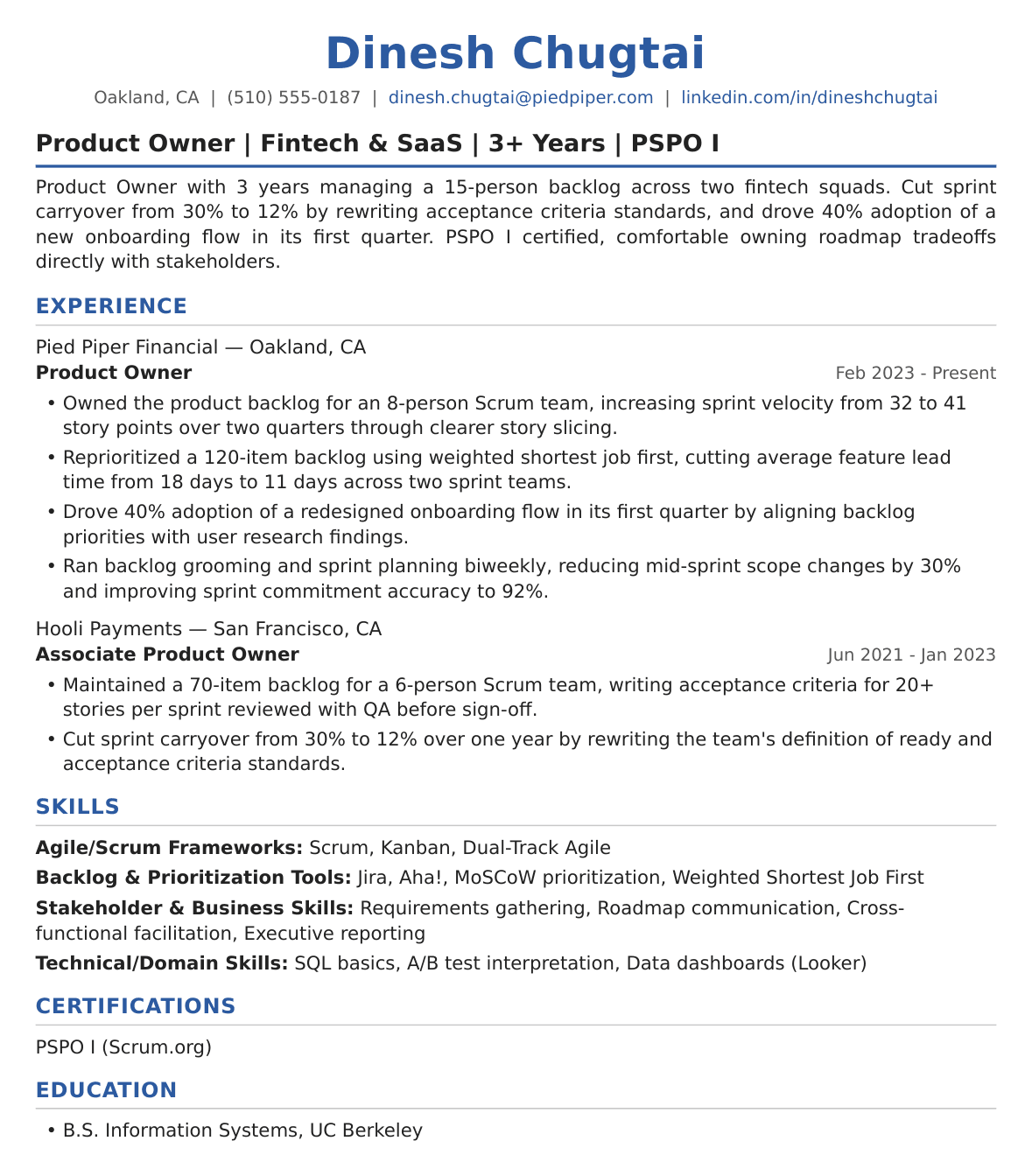 Mid-Level Product Owner Resume Example